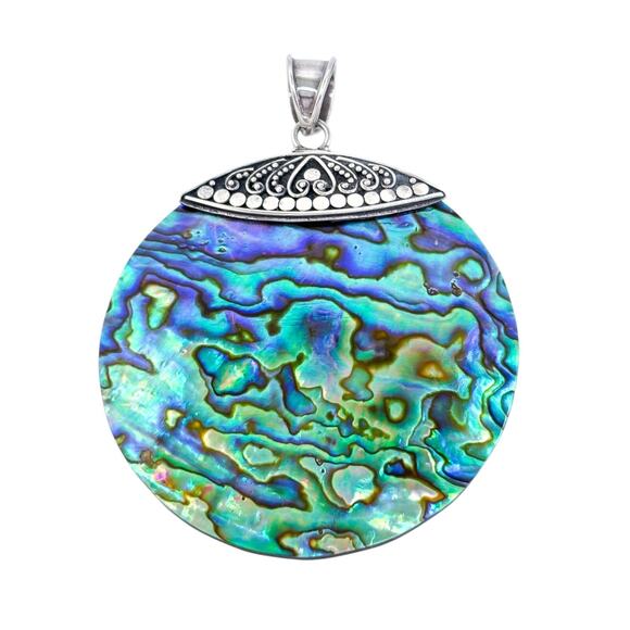 Vintage Sterling Silver 925 Ornate Abalone Shell Disc Pendant - Picture 2 of 7